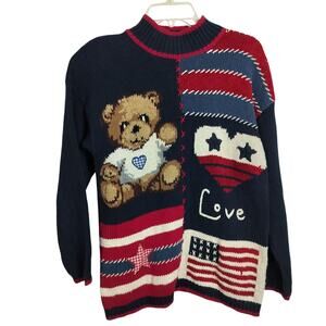 4671)Vintage 90 Marsh Landing Petite Patriotic Teddy Bear Chunky Knit Sweater PM